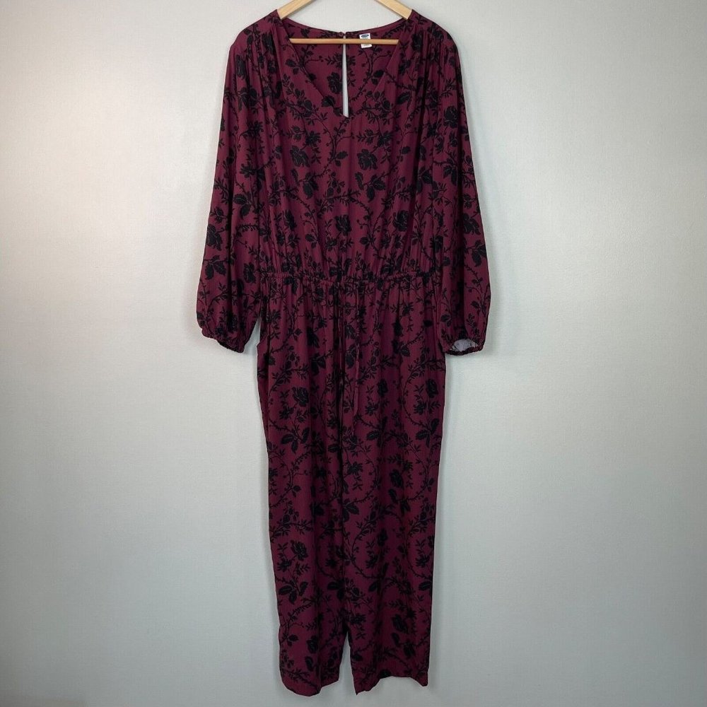 Old Navy Jumpsuit Large Burgundy Black Floral Long Sleeve Elastic Waist NWT